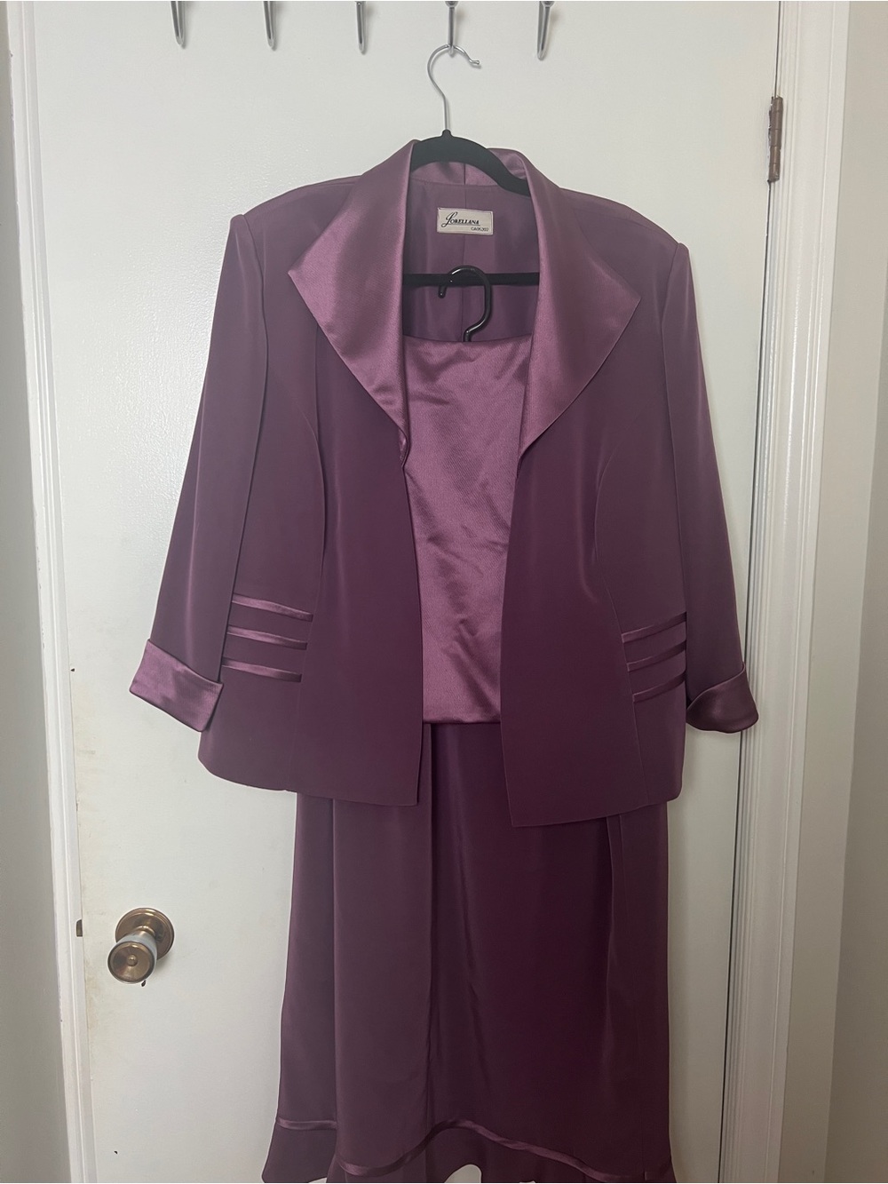 Lorellana Couture Vintage Plum Satin 3-Piece Formal Skirt Suit Set for Weddings